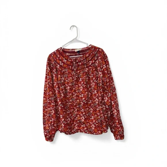 Universal Thread Red Floral Tie-Neck Long-Sleeve Blouse Size XL - Picture 2 of 6
